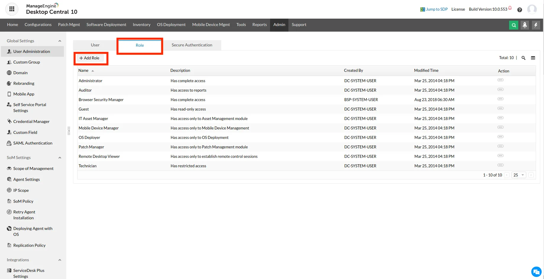 Adding role assignment for user in Endpoint Central