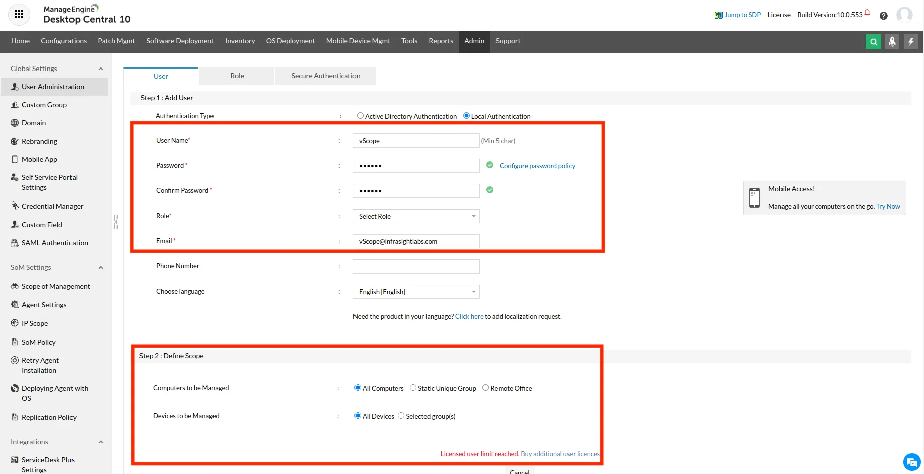 Adding user for inventory in Endpoint Central