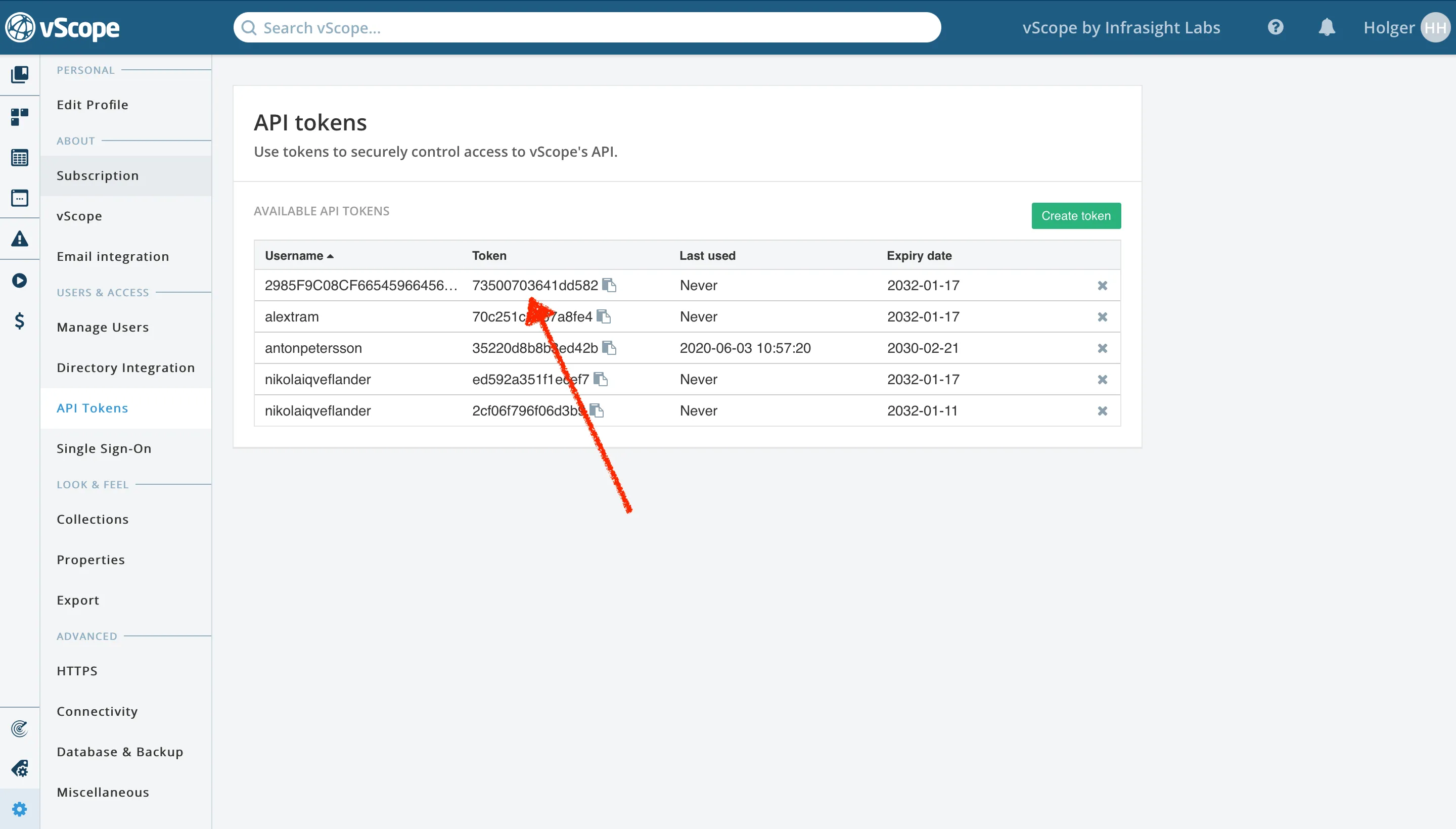 Managing api tokens in vScope