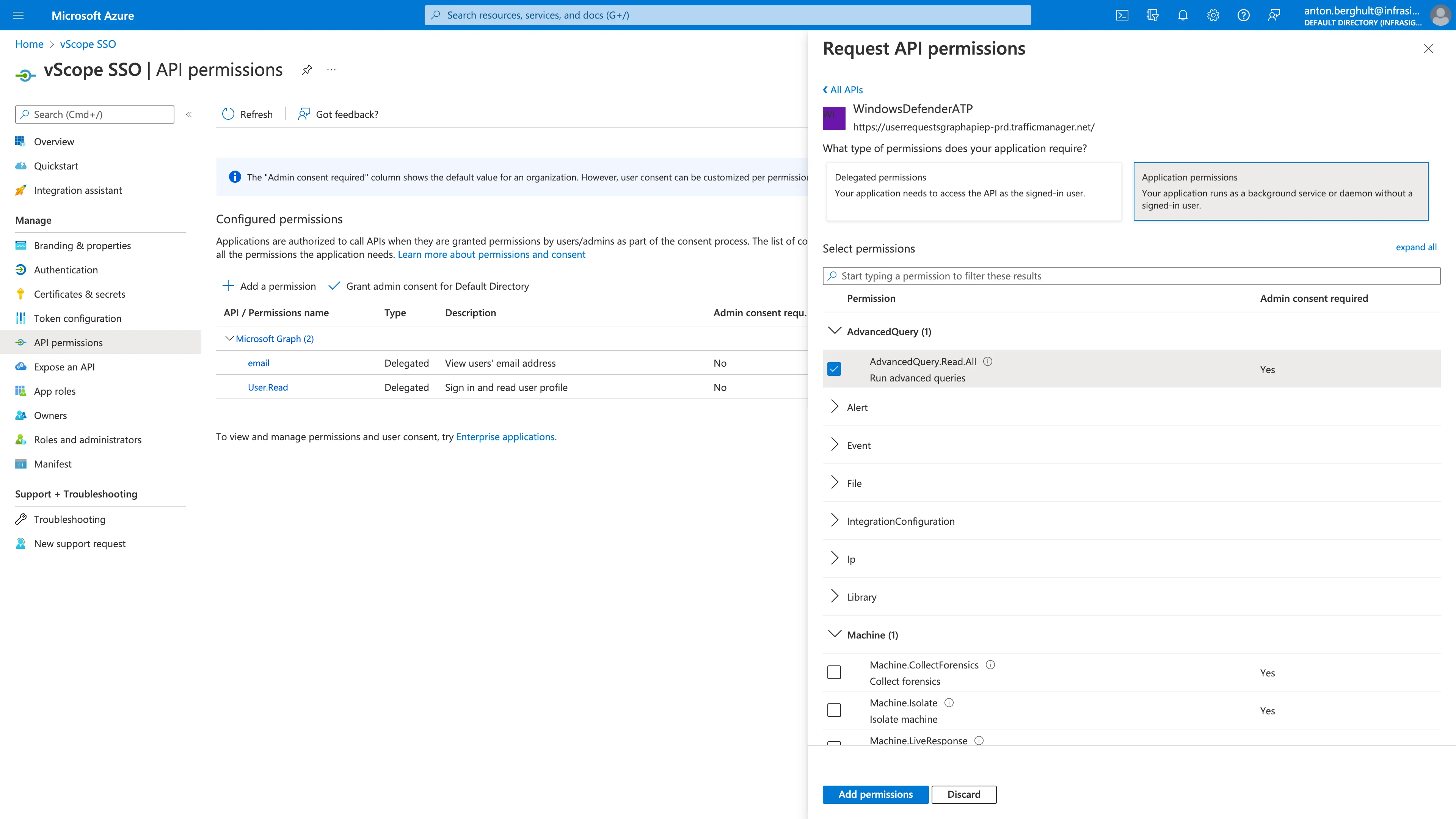 Request API permissions Azure Portal