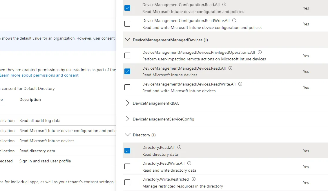 Selecting various API permissions for the App registration for Azure