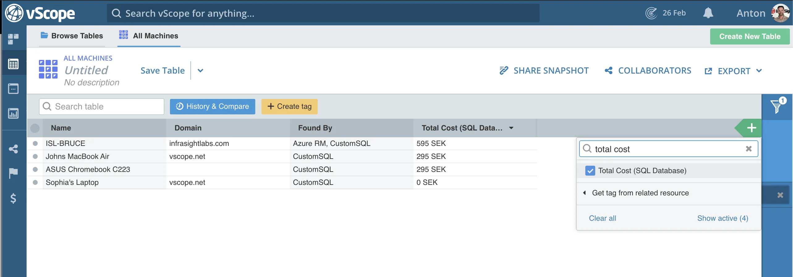 Finding the assets and tags in tables in vScope