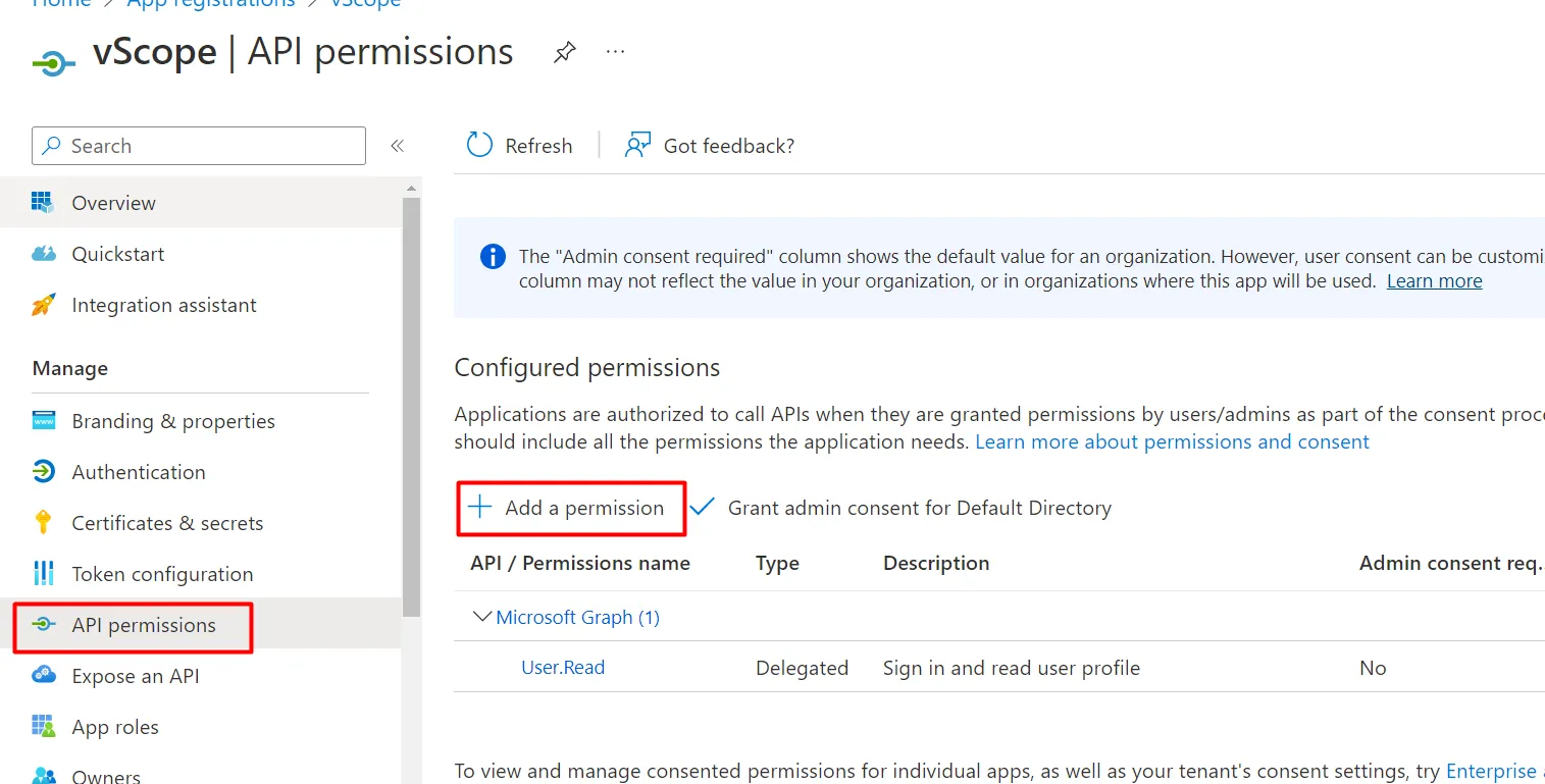 Azure adding a new API permission