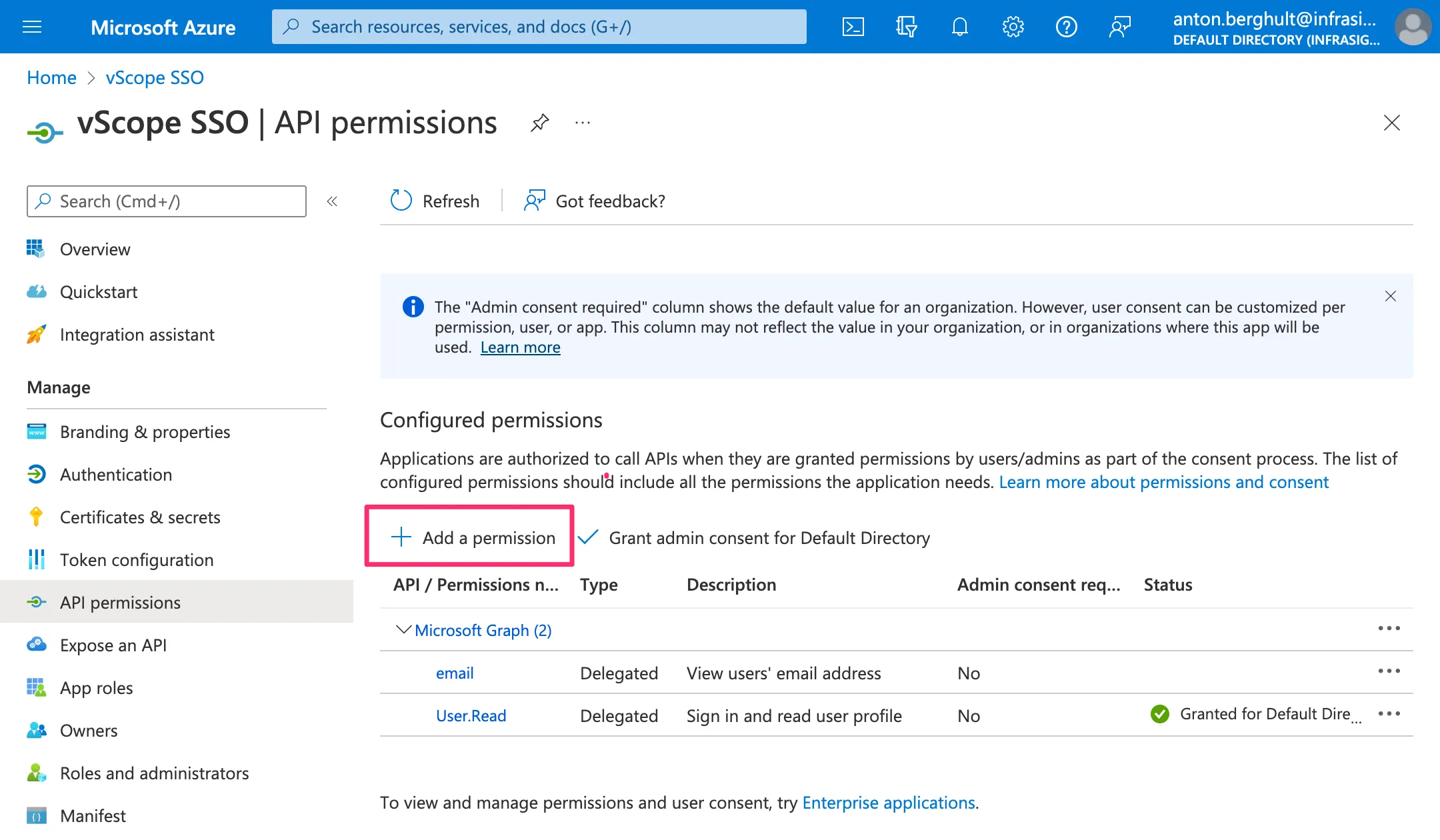 Azure adding a permission for app registration