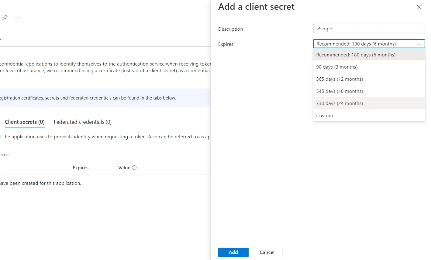 Azure adding a client secret