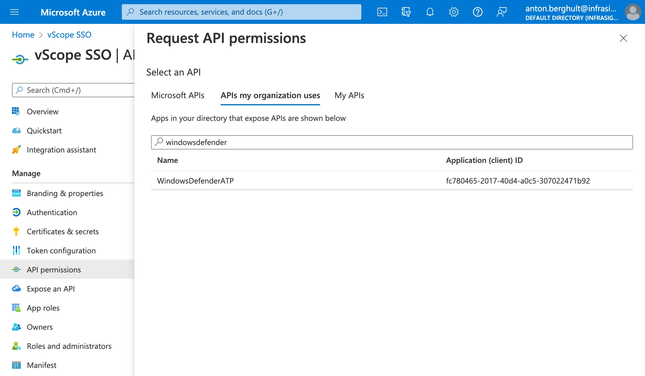 Azure adding permission for app registration for Windows Defender