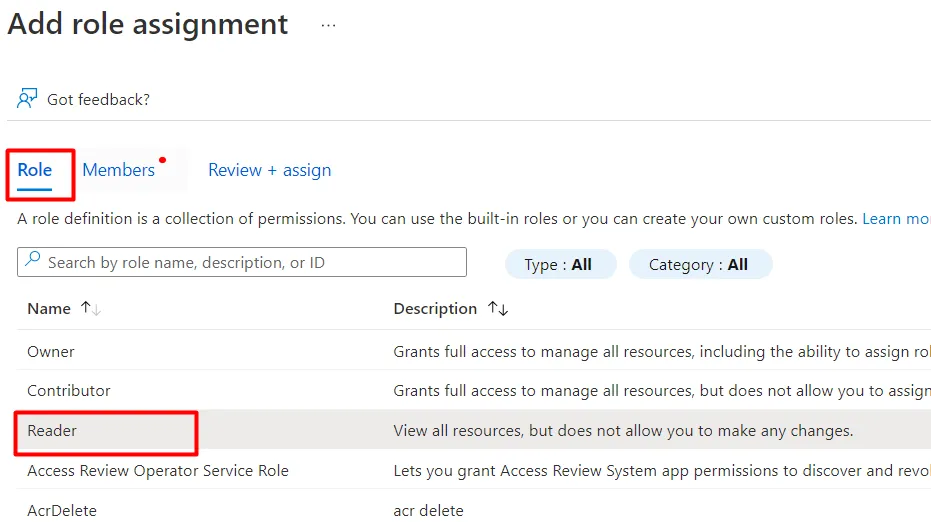 Adding role assignment reader for Azure app registration