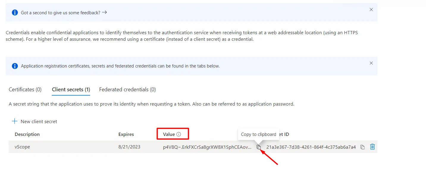 Azure copy the client secret value