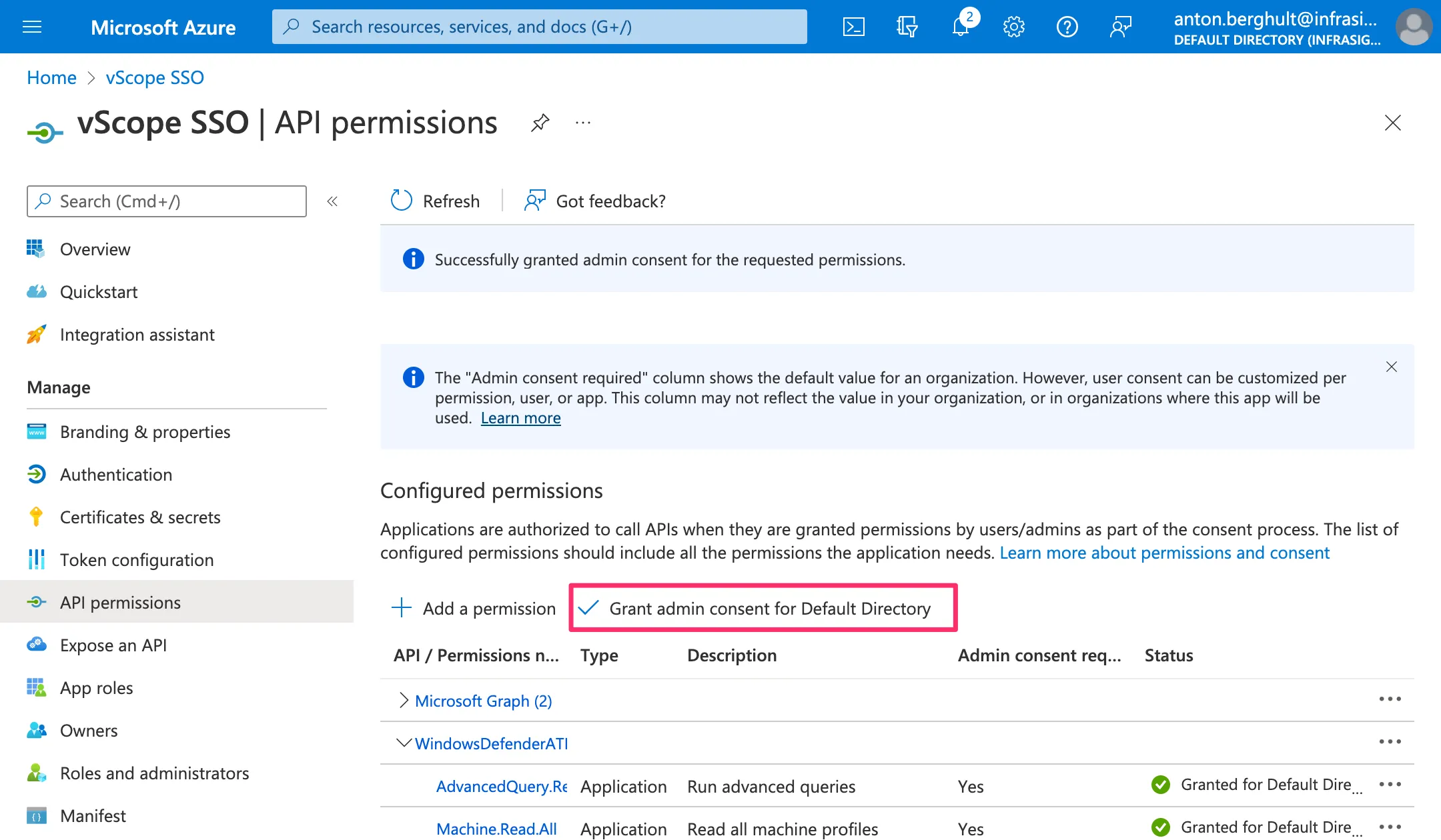 Azure API permissions grant admin consent