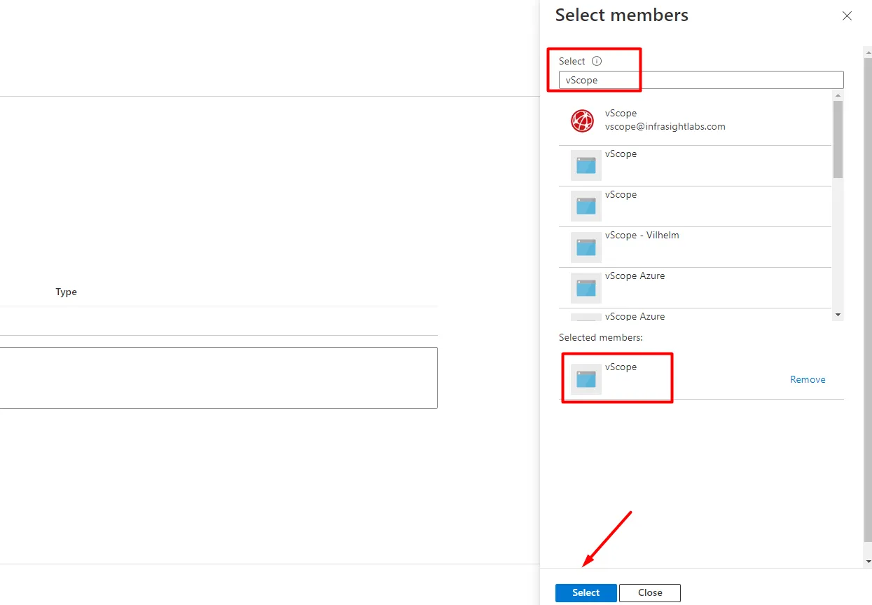 Select vScope as member for Azure Portal