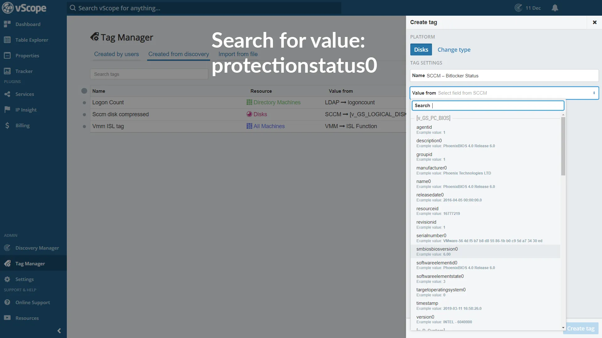 Instructional image showing the search process for BitLocker protection status within SCCM/MECM, focusing on filter and search setup.