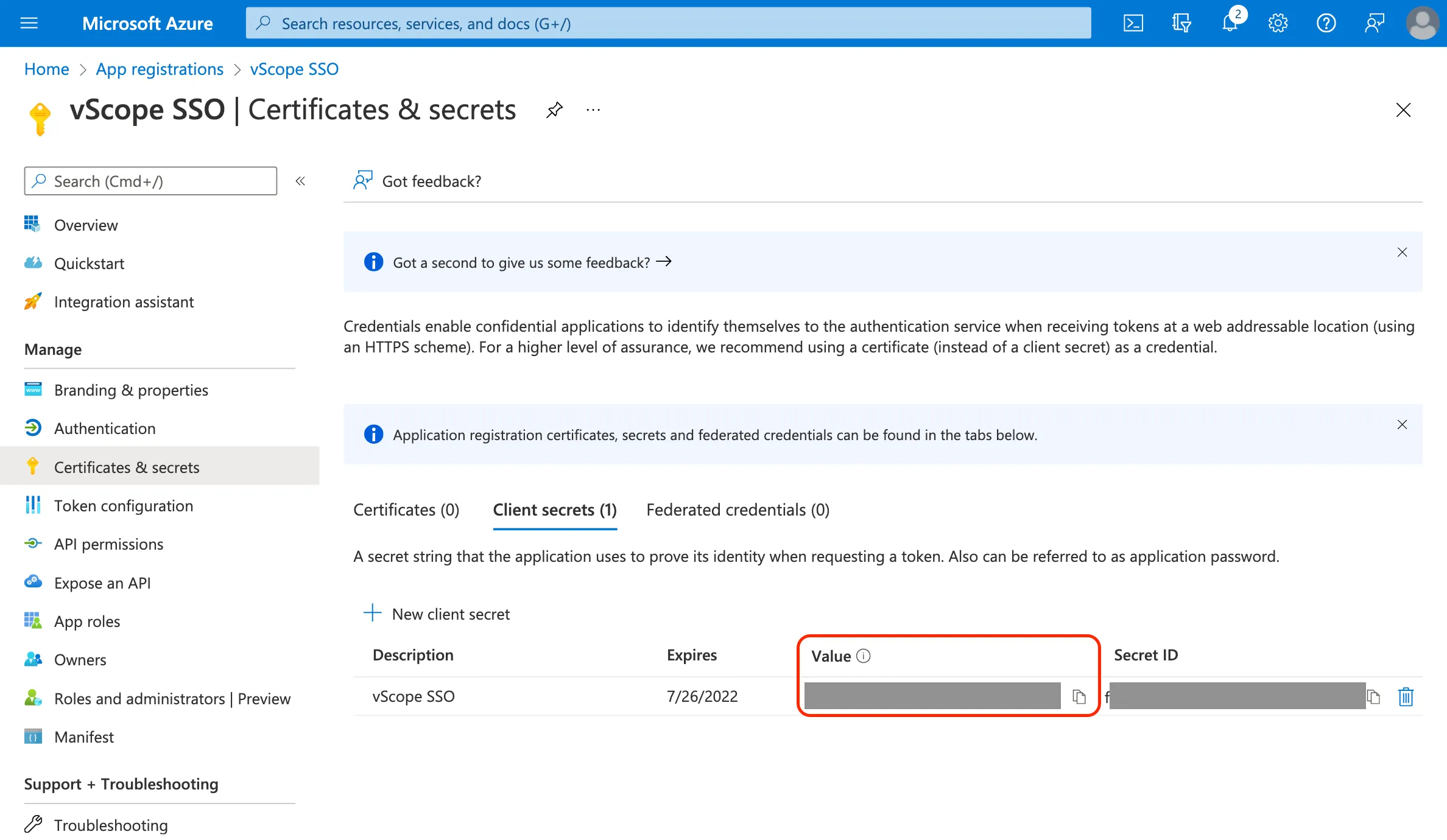 Client Secret for Single-sign-on for Microsoft Entra ID