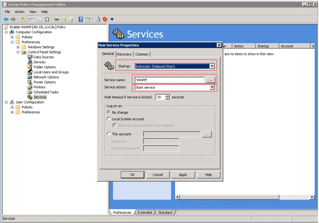 Configuring automatic start of the WinRM service