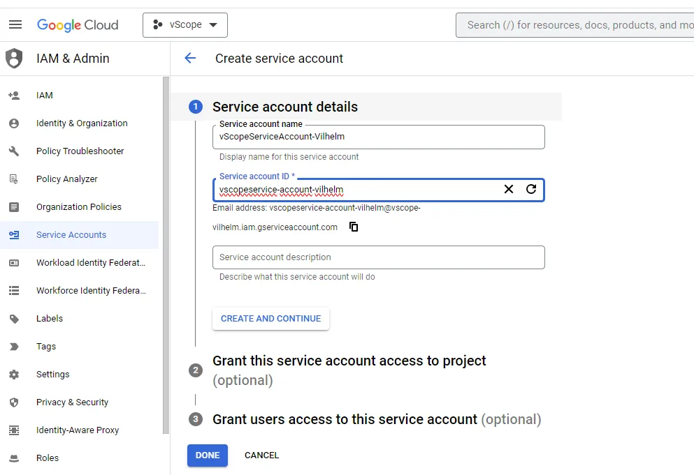 Google Workspace Creating Service Account