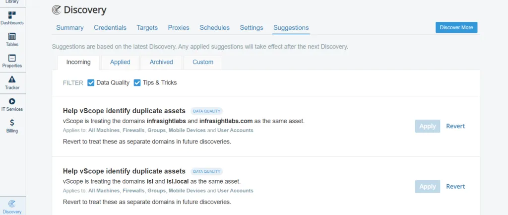 Discovery Suggestions in vScope for improved data quality