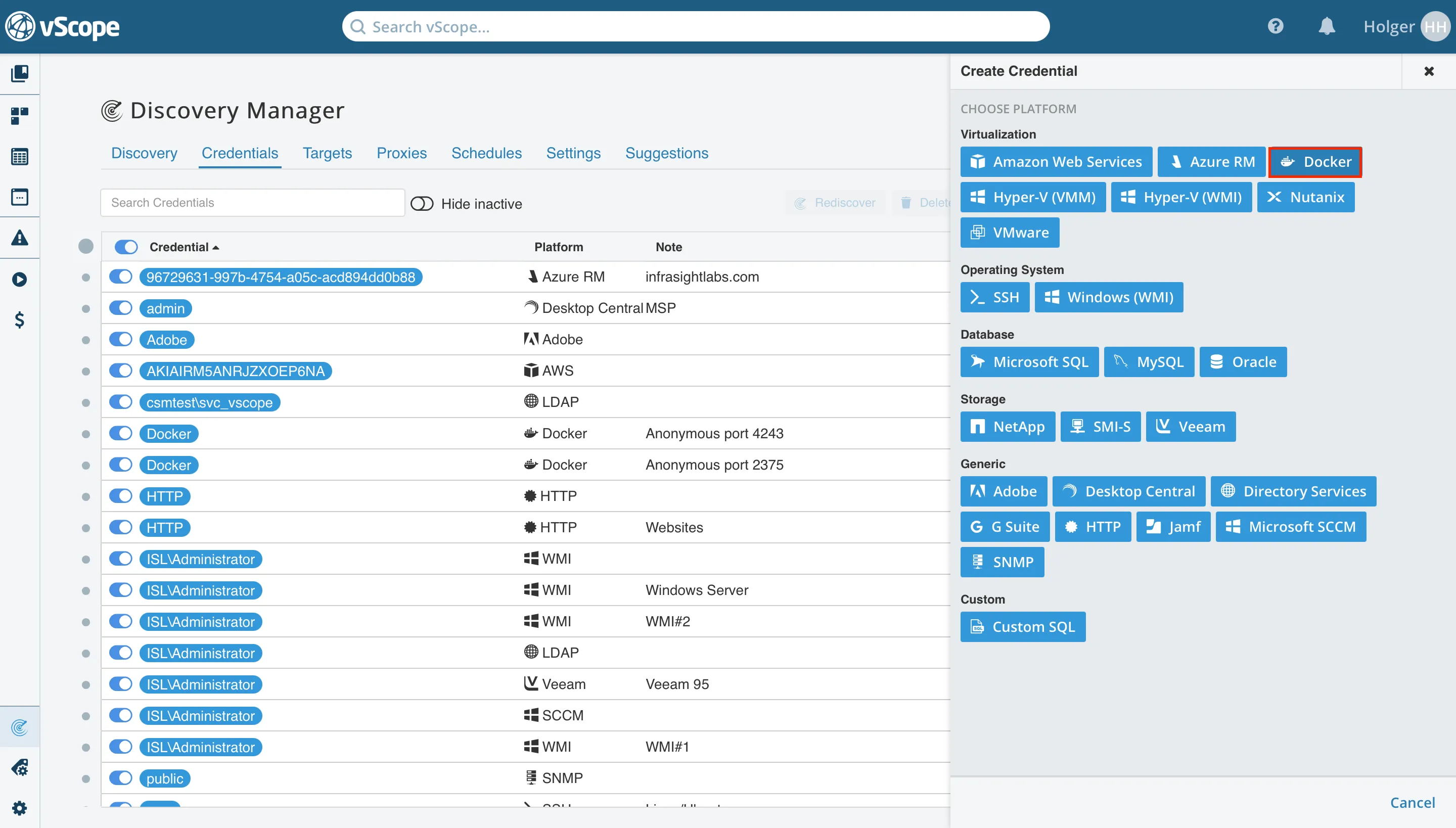 Selecting Docker as data source for vScope