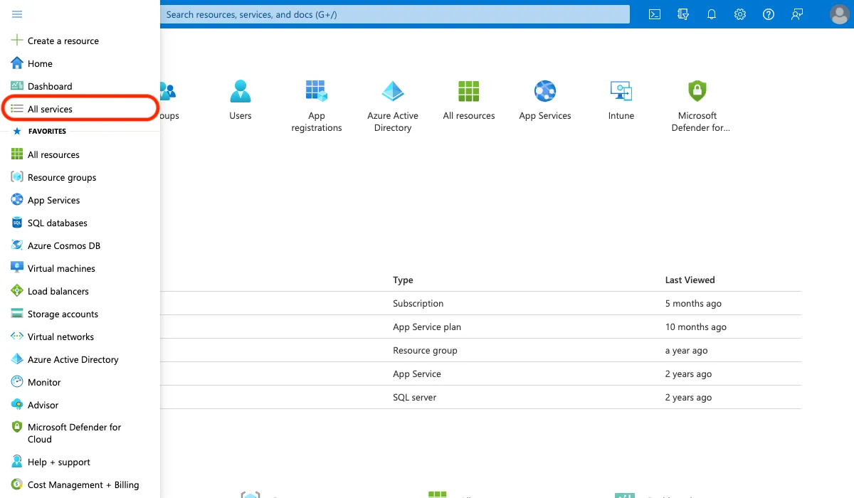 Find all services from Azure