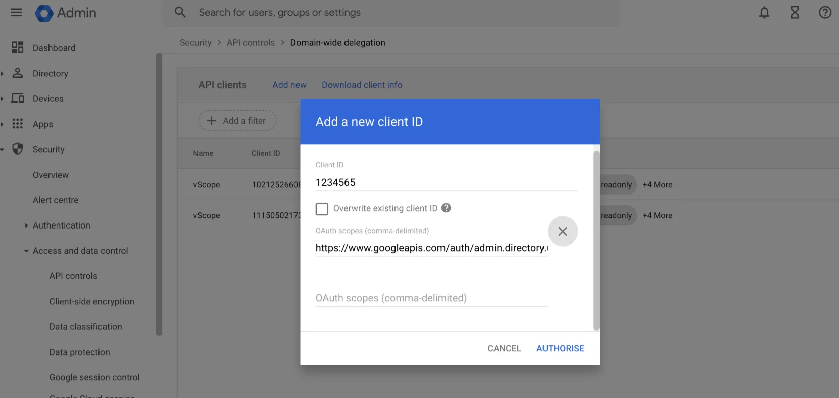 Google Workspace Admin Console screenshot highlighting API controls, showing access permissions and configurations for administrators.