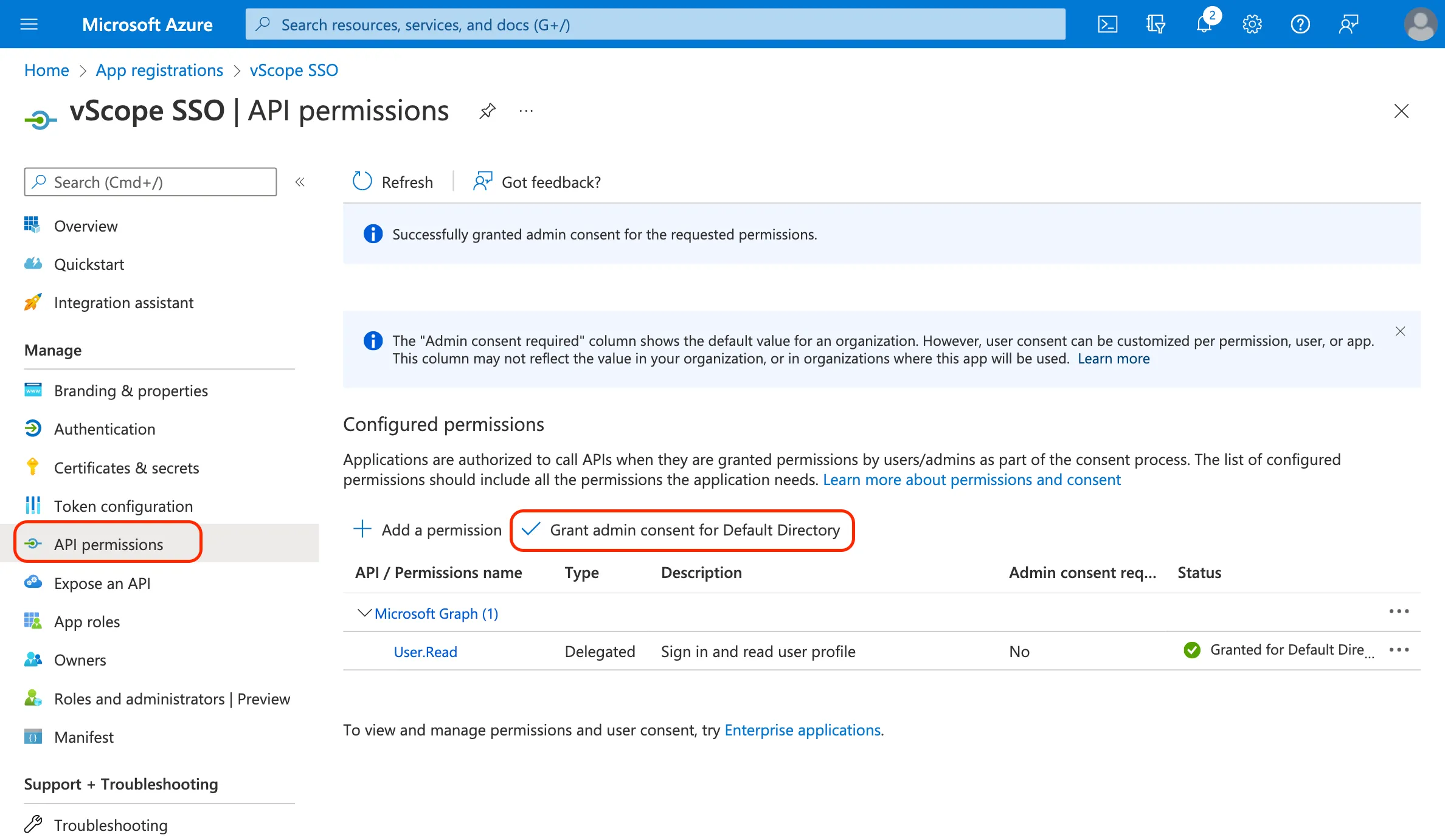 Granting permission for the app registration Microsoft Entra ID