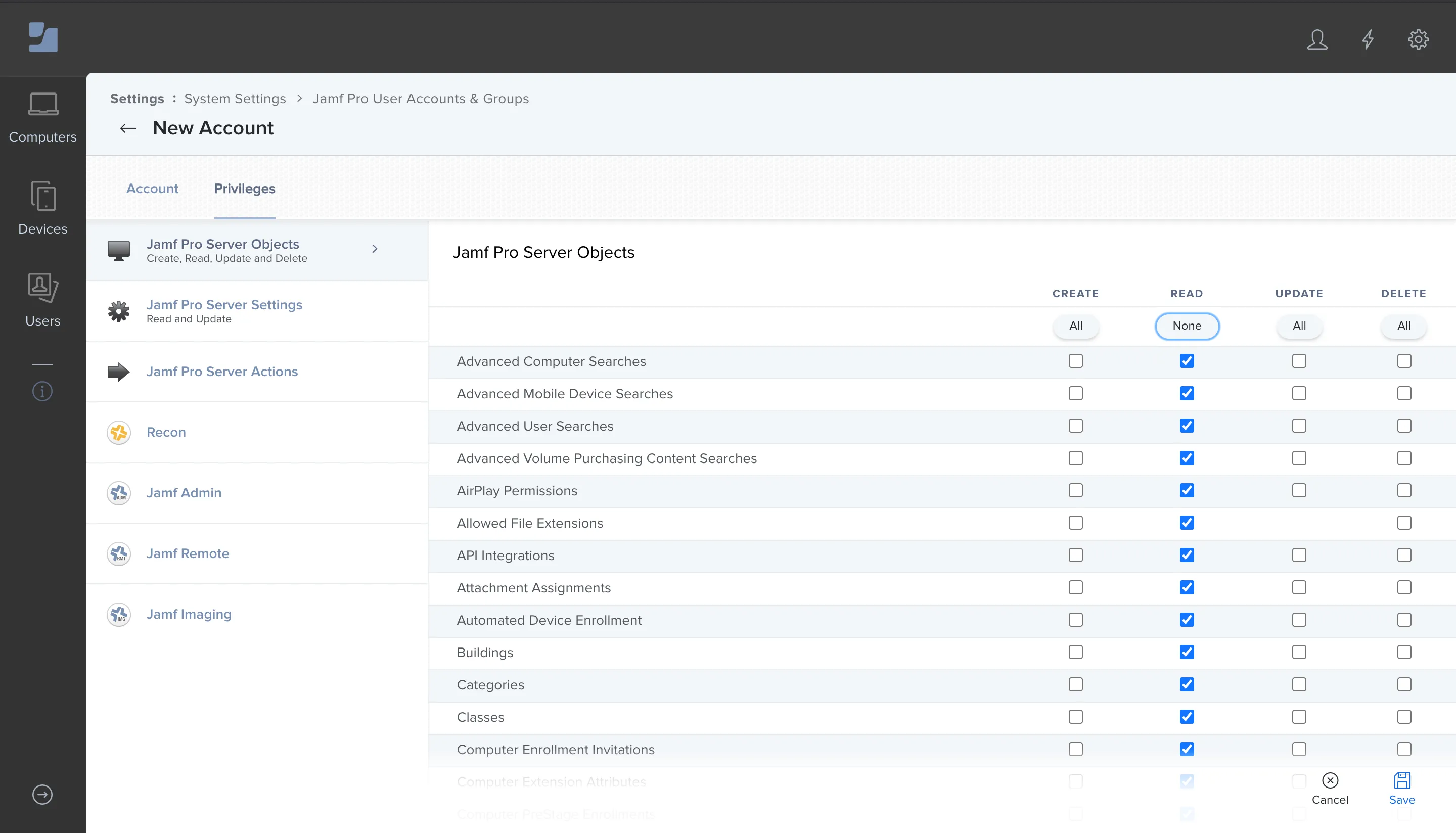 Permission settings in Jamf Pro