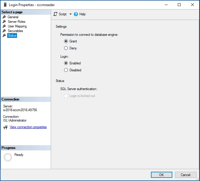 Configuring Login properties for sccm reader