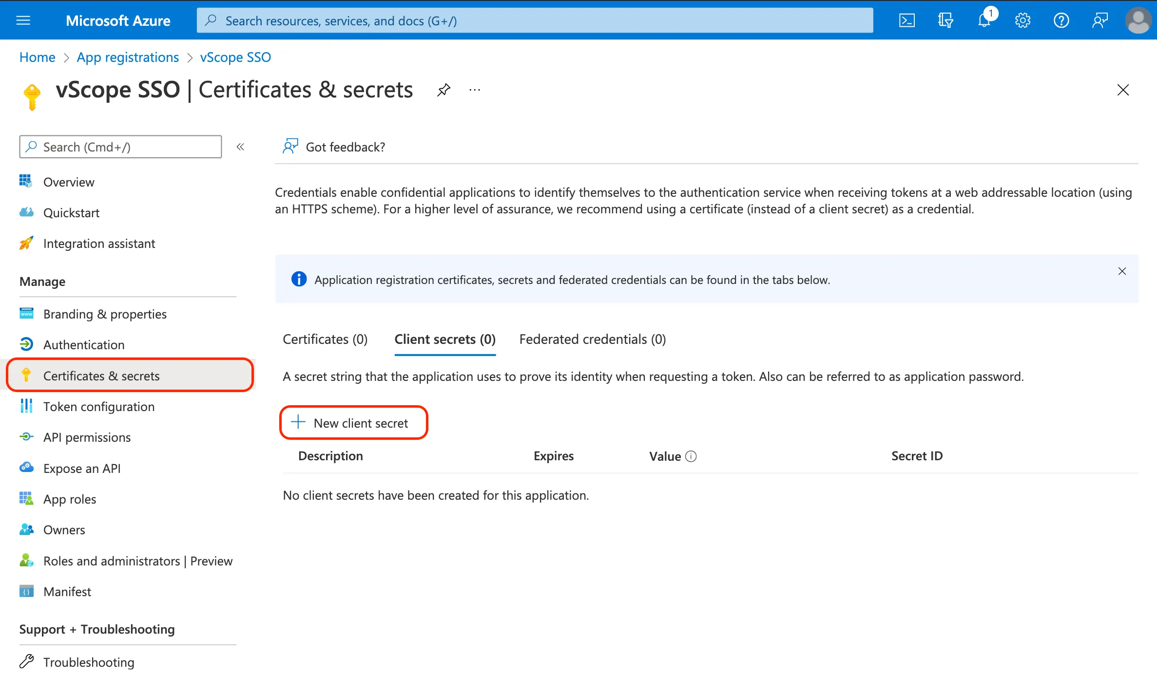 Adding new client secret for Single-sign-on in Microsoft Entra ID