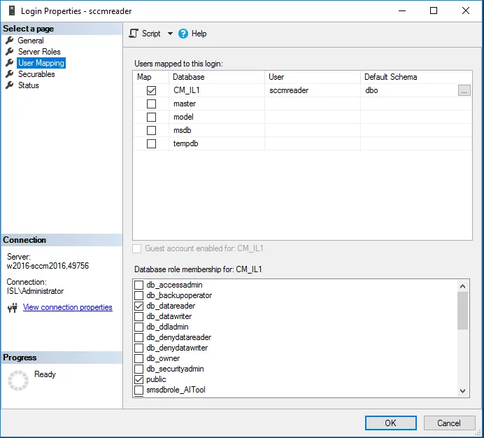 SCCM settings display showcasing user access permissions, focusing on role configuration for secure system management.