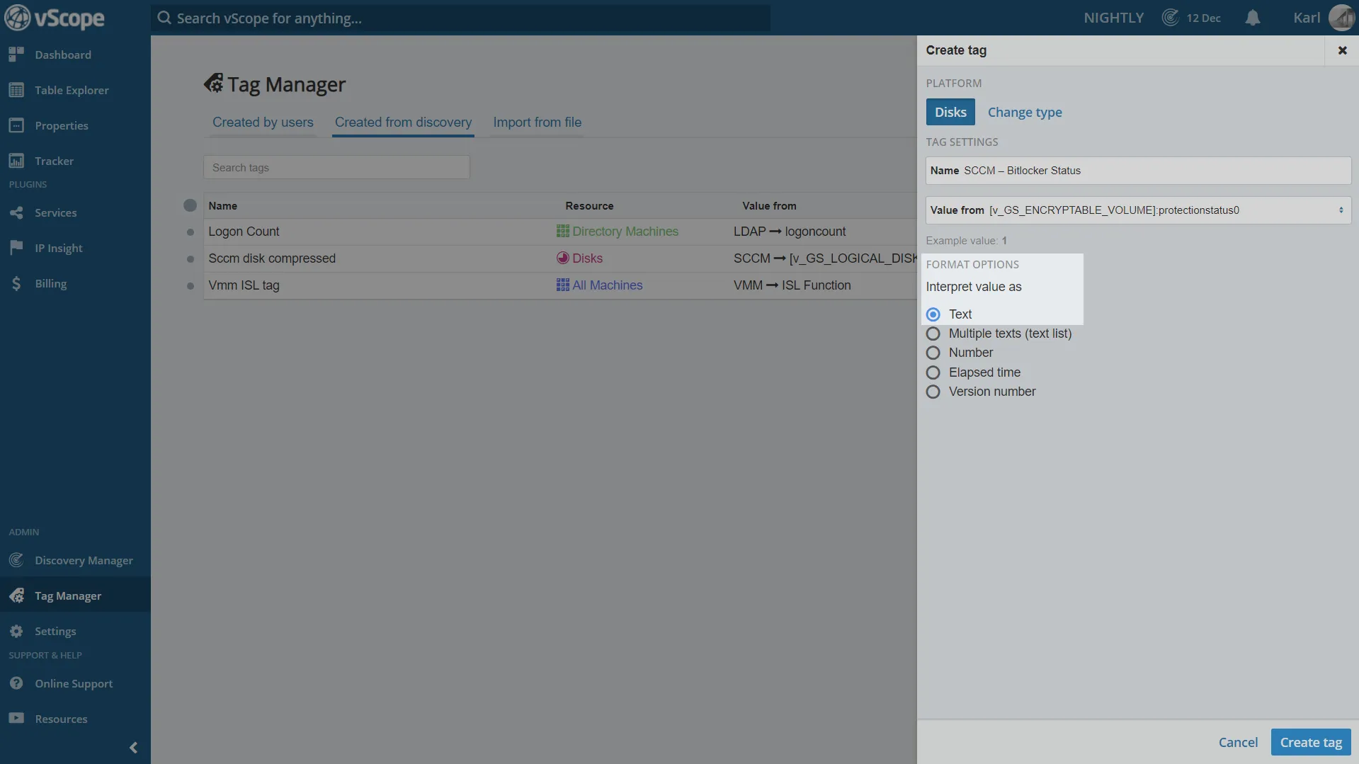 Format settings for tags from discovery for Bitlocker SCCM