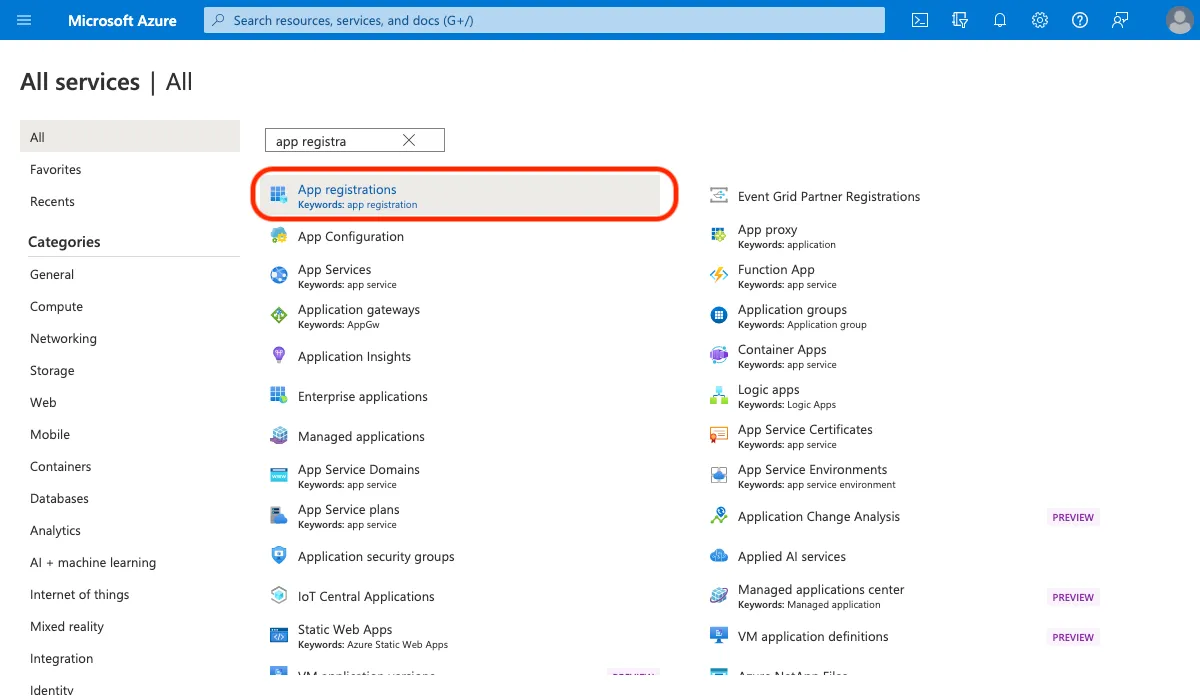 Select App Registration for Single-Sign-On in Azure