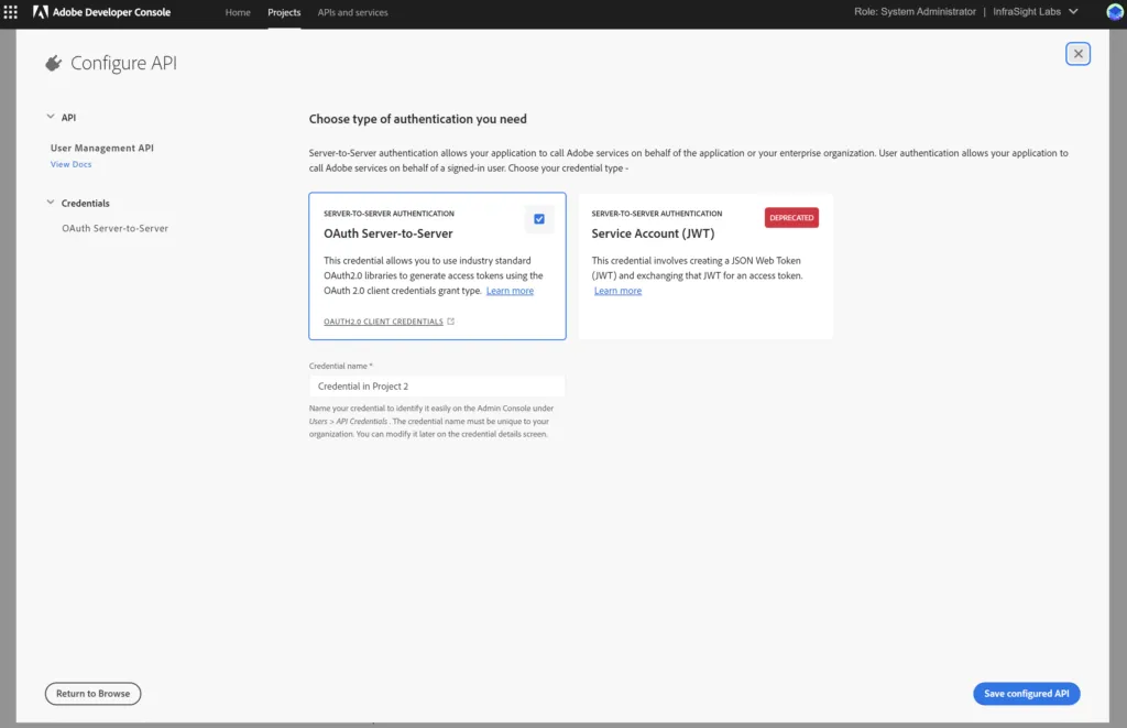 Select authentication in Adobe Admin Console