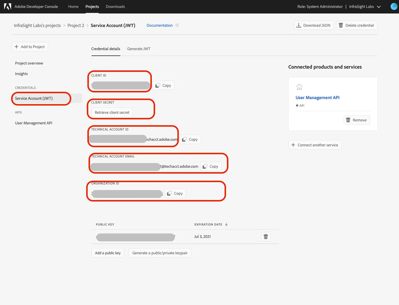 Managing service accounts in adobe admin console