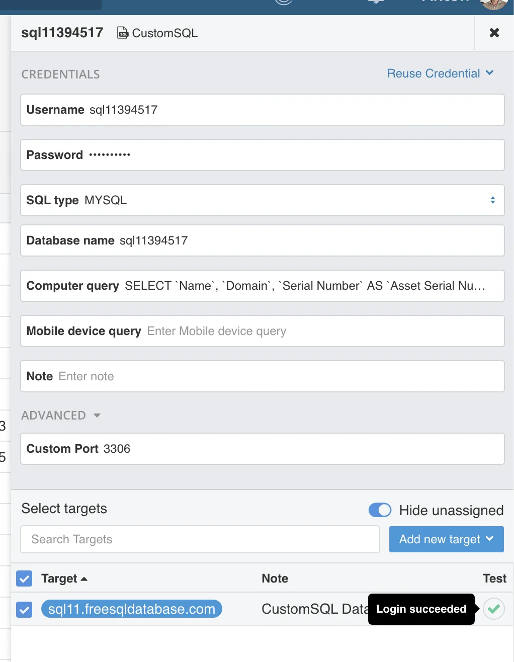 Successful login of Custom SQL datasource