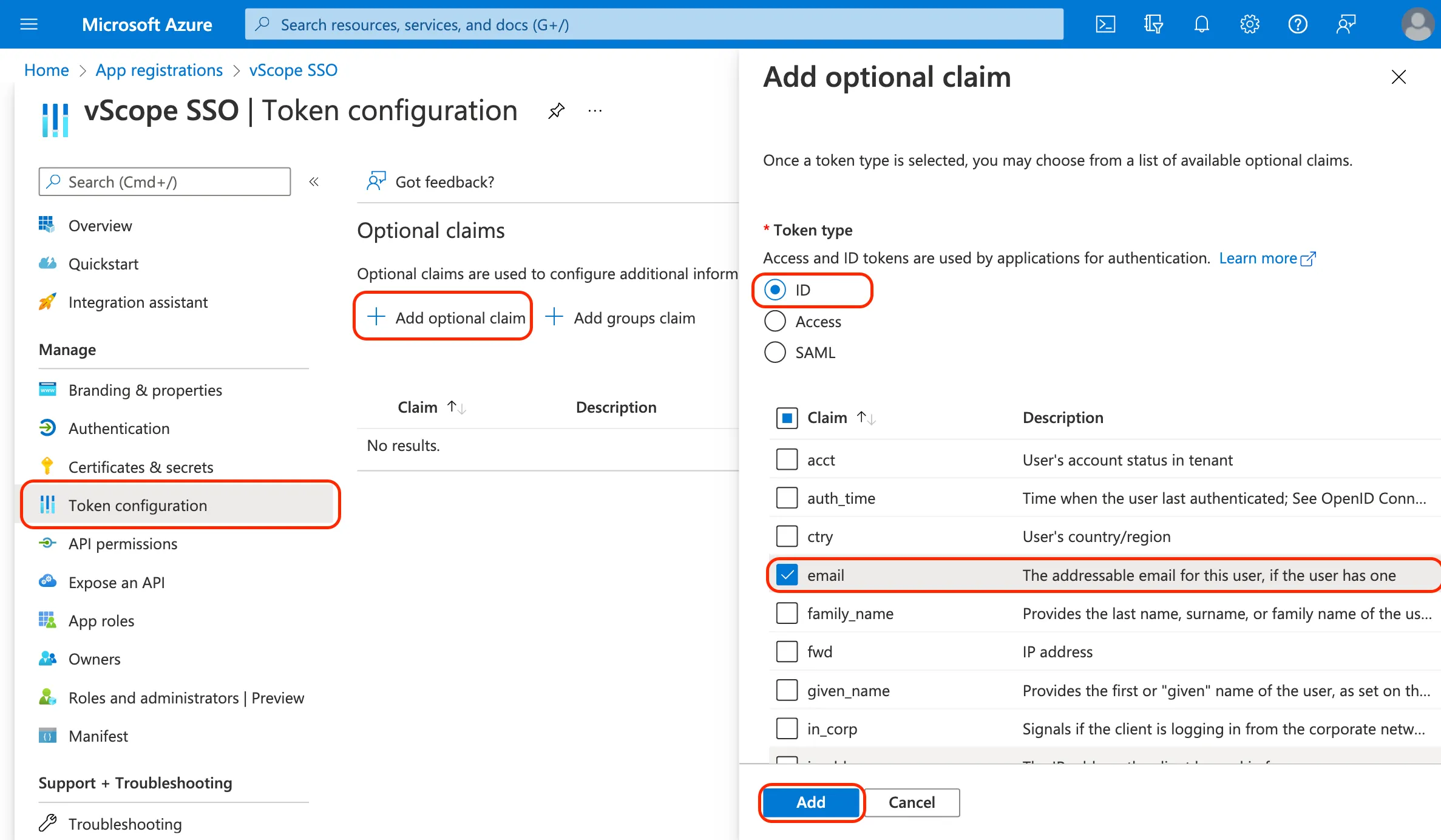 Token configuration with optional claim