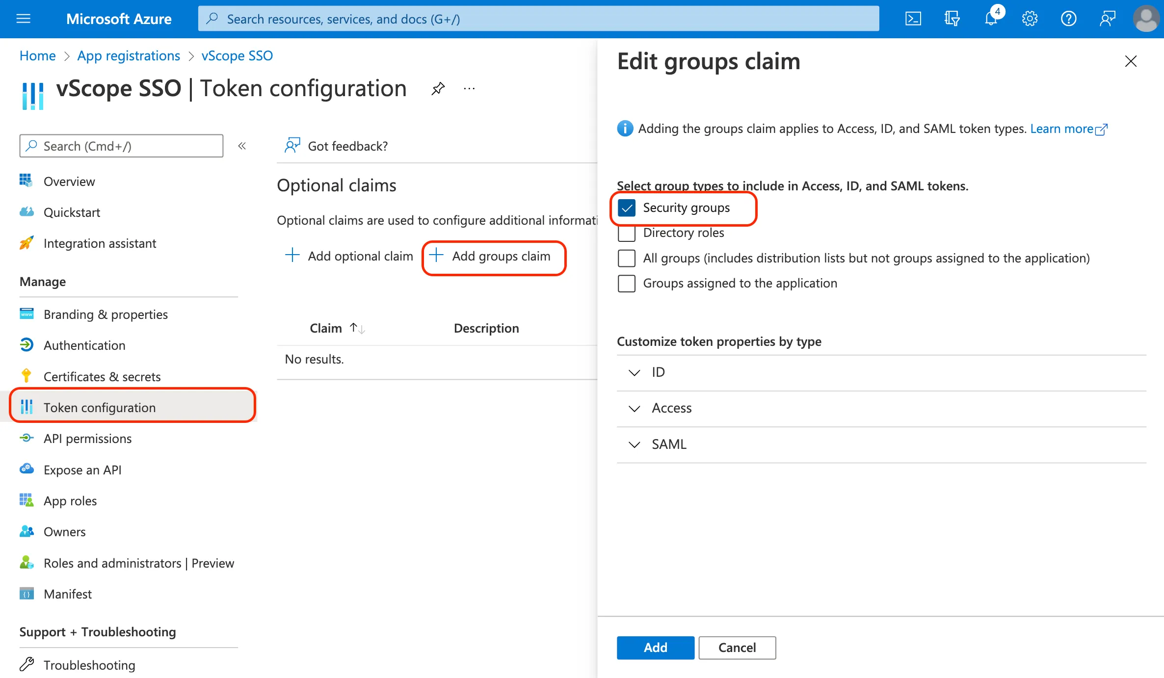 Selecting security groups for token configuration