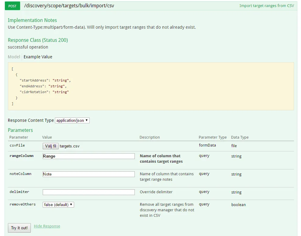 API documentation for importing targets to discovery manager