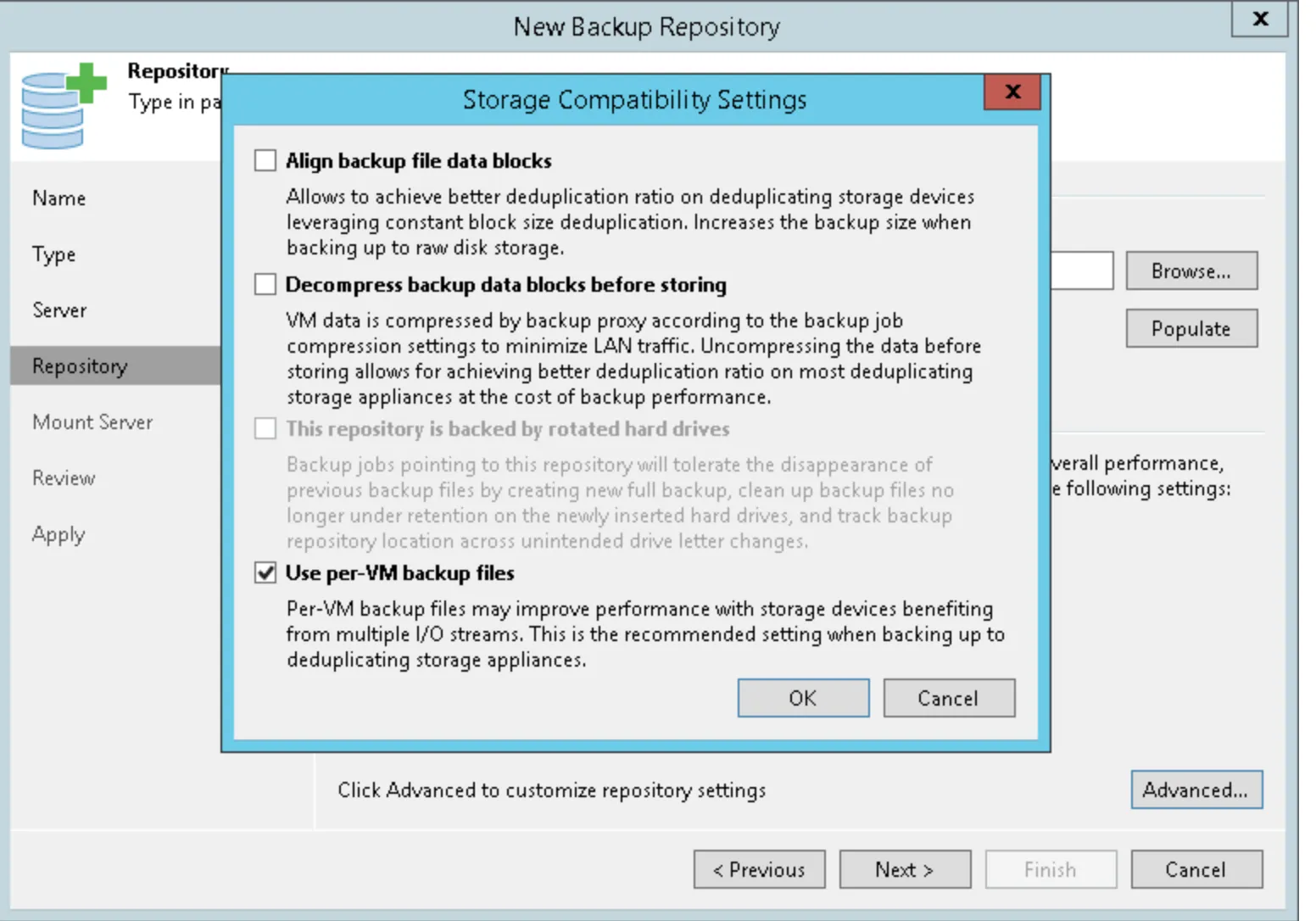 Screenshot of Veeam Storage Compatibility Settings